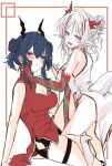  2girls an_fyhx arknights arm_tattoo black_shorts blue_hair blush breasts ch&#039;en_(ageless_afterglow)_(arknights) ch&#039;en_(arknights) china_dress chinese_clothes cleavage cleavage_cutout clothing_cutout colored_skin double_bun dragon_girl dragon_horns dragon_tail dress fang hair_between_eyes hair_bun high_heels highres horns large_breasts multicolored_hair multiple_girls nian_(arknights) nian_(unfettered_freedom)_(arknights) official_alternate_costume open_mouth purple_eyes red_dress red_eyes red_hair red_skin short_shorts shorts sleeveless sleeveless_dress streaked_hair sweat tail tattoo thigh_strap white_dress white_footwear white_hair 