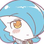  1girl alternate_color bangs blue_hair blue_skin blush blush_stickers bob_cut closed_mouth collar colored_skin commentary expressionless eyebrows_visible_through_hair face gardevoir gen_3_pokemon gyate_gyate hair_over_one_eye half-closed_eyes icon lotosu lowres mega_stone meme multicolored multicolored_skin orange_eyes outline pokemon pokemon_(creature) purple_outline shiny shiny_hair shiny_pokemon short_hair simple_background solo two-tone_skin white_background white_skin 