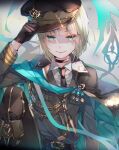  1boy badge bangs black_gloves blunt_bangs boots cape closed_mouth collared_shirt gloves green_eyes green_hair gretel_(sinoalice) hat jacket looking_at_viewer male_focus mcmcmococo military military_uniform multicolored_hair necktie otoko_no_ko pants shirt short_hair sinoalice smile solo two-tone_hair uniform 