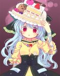  1girl adapted_costume biyon blue_hair blueberry cake dress flower food food_on_head fork fruit green_headwear hand_up haniwa_(statue) haniyasushin_keiki head_scarf icing long_hair looking_at_viewer magatama magatama_necklace object_on_head open_mouth pun red_eyes short_sleeves smile solo strawberry touhou twitter_username upper_body yellow_dress 