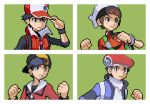  4boys backwards_hat bangs baseball_cap beanie black_hair black_shirt black_wristband border bracelet brendan_(pokemon) brown_hair clenched_hand clenched_hands closed_mouth coat commentary english_commentary ethan_(pokemon) grey_eyes hand_on_headwear hand_up hands_up hat hyo_oppa jacket jewelry lucas_(pokemon) male_focus multiple_boys pixel_art pokemon pokemon_(game) pokemon_dppt pokemon_hgss pokemon_masters_ex pokemon_oras pokemon_platinum red_(pokemon) red_coat red_headwear red_jacket scarf shirt short_hair sleeveless_coat white_border white_headwear white_scarf wristband 