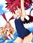  2girls armpits arms_up bare_shoulders bikini blonde_hair bow breasts cameltoe covered_navel demon_girl demon_tail disgaea etna flonne flonne_(fallen_angel) hair_bow happy iwashi_dorobou_-r- long_hair makai_senki_disgaea mini_wings multiple_girls navel one-piece_swimsuit open_mouth outdoors pointy_ears prinny red_bikini red_eyes red_hair school_swimsuit side-tie_bikini small_breasts smile swimsuit tail water wet wings 