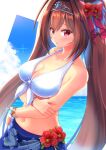  1girl absurdres alia_kanzaki bangs bare_arms bare_shoulders bikini blush bracelet breasts brown_hair cleavage collarbone crossed_bangs daiwa_scarlet_(umamusume) eyebrows_visible_through_hair flower from_side hair_flower hair_ornament highres jewelry large_breasts long_hair looking_at_viewer navel ocean outdoors parted_lips solo swimsuit tiara twintails umamusume water white_bikini 