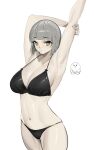  1girl absurdres armpits arms_up bangs bikini black_bikini blunt_bangs blush breasts cleavage commission copyright_request cowboy_shot eyebrows_visible_through_hair grey_hair highres large_breasts navel norunollu shadow short_hair simple_background solo swimsuit white_background yellow_eyes 