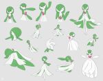  1girl all_fours arm_up back bangs bare_shoulders bob_cut closed_eyes closed_mouth colored_skin commentary dress elbow_gloves flat_chest flat_color from_behind from_side full_body gardevoir gen_3_pokemon gloves green_hair green_skin grey_background hair_between_eyes hair_over_one_eye hand_to_own_mouth hands_up happy highres jumping leaning_forward leg_up lotosu mega_gardevoir mega_pokemon multicolored multicolored_skin multiple_views open_mouth outstretched_arms pokemon pokemon_(creature) red_eyes short_hair simple_background smile standing standing_on_one_leg strapless strapless_dress two-tone_skin upper_body upside-down waving white_dress white_gloves white_skin 