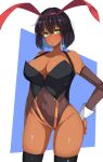  1girl :o absurdres alternate_costume animal_ears antyobi0720 ass_visible_through_thighs black_legwear black_sleeves blush bob_cut breasts cleavage_cutout clothing_cutout commentary covered_navel cowboy_shot dark-skinned_female dark_skin detached_sleeves eyebrows_visible_through_hair fake_animal_ears girls_und_panzer green_eyes halterneck hand_on_hip highres hoshino_(girls_und_panzer) large_breasts looking_at_viewer open_mouth playboy_bunny rabbit_ears skindentation solo standing thighhighs thighs wrist_cuffs 