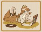  1girl alternate_costume aqua_eyes barefoot blush brown_hair collared_shirt crown earrings eyeshadow full_body holding jewelry legs_up long_hair lying makeup mario_(series) on_stomach parted_lips princess_daisy record record_jacket shirt short_sleeves signature smile solo winton_kidd 