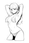  1girl absurdres armpits bangs blunt_bangs breasts cowboy_shot cropped_legs dyun greyscale hair_over_breasts hands_in_hair highres large_breasts long_hair looking_at_viewer monochrome navel original parted_lips simple_background solo topless white_background 