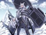  :3 absurdres animal_ears blurry blurry_background camouflage dot_nose gun hair_intakes hairband highres holding holding_gun holding_shield holding_weapon last_origin red_eyes shield tagme tajyador weapon white_hair white_theme 