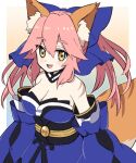  1girl animal_ear_fluff animal_ears bare_shoulders blue_kimono blue_ribbon blush breasts cleavage detached_sleeves eyebrows_visible_through_hair fate/extella fate/extra fate/extra_ccc fate_(series) fox_ears fox_girl fox_tail hair_ribbon highres japanese_clothes kimono large_breasts looking_at_viewer open_mouth pink_hair ribbon solo tail tamamo_(fate)_(all) tamamo_no_mae_(fate) yellow_eyes yoriteruru 