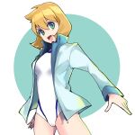  1girl :d absurdres aqua_eyes bangs blue_eyes breasts commentary_request competition_swimsuit eyebrows_behind_hair gym_leader highres jacket long_sleeves misty_(pokemon) nambu_01 one-piece_swimsuit open_clothes open_jacket open_mouth orange_hair pokemon pokemon_(game) pokemon_hgss short_hair simple_background smile solo swimsuit track_jacket 