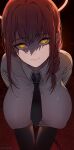  1girl artist_name bangs black_neckwear black_pants braid breasts chain chainsaw_man collared_shirt covered_nipples eyebrows_visible_through_hair gradient gradient_background highres large_breasts leaning_forward looking_at_viewer makima_(chainsaw_man) march_ab necktie pants red_background red_hair ringed_eyes shadow shirt smile solo symbol_commentary white_shirt wing_collar yellow_eyes 