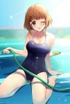 1girl absurdres arm_support bangs bare_arms bare_shoulders barefoot blue_swimsuit blunt_bangs blush breasts brown_eyes brown_hair cleavage collarbone commentary_request eyebrows_visible_through_hair highres hose idolmaster idolmaster_cinderella_girls kitami_yuzu large_breasts looking_at_viewer medium_breasts one-piece_swimsuit one_eye_closed pool school_swimsuit short_hair sitting smile solo swimsuit tongue tongue_out wariza water yuzuhota0313 