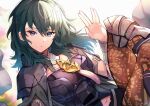  1girl anniversary armor bangs black_armor black_cape black_shorts blue_hair bracelet byleth_(fire_emblem) byleth_(fire_emblem)_(female) cape commentary detached_collar english_commentary eyebrows_visible_through_hair fire_emblem fire_emblem:_three_houses floating_hair hair_between_eyes highres jewelry long_hair looking_at_viewer nakabayashi_zun navel pantyhose parted_lips purple_eyes salute short_shorts shorts shoulder_armor solo vulcan_salute 