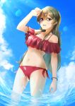  1girl :d absurdres anzo_(anzu_elichi0928) arm_up bangs bare_shoulders bikini blue_sky bracelet breasts brown_eyes brown_hair cleavage cloud collarbone commentary_request cowboy_shot d4dj day eyebrows_visible_through_hair frilled_bikini frills groin hair_between_eyes highres jewelry light_rays medium_breasts midriff navel ocean open_mouth outdoors partial_commentary red_bikini side-tie_bikini sidelocks sky smile solo standing sunbeam sunlight swimsuit wading wet yamate_kyouko 