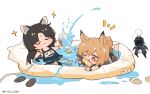  1other 2girls :3 ambiguous_gender animal_ears arknights black_hair black_swimsuit brown_hair ceobe_(arknights) ceobe_(summer_flowers)_(arknights) chibi competition_swimsuit doctor_(arknights) dog_ears dog_girl dog_tail facial_mark fang forehead_mark hair_between_eyes highres holding_paddle infection_monitor_(arknights) kyou_039 long_hair multiple_girls one-piece_swimsuit one_eye_closed paws pool rubber_duck saga_(arknights) sandals sandals_removed sparkle spill swimsuit tail twitter_username wading_pool water water_gun 