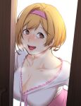  1girl :d after_fellatio blonde_hair blush bob_cut breasts brown_eyes cleavage cum djeeta_(granblue_fantasy) door dyun embarrassed facial granblue_fantasy hairband highres implied_after_fellatio implied_fellatio large_breasts looking_at_viewer open_door open_mouth opening_door pink_hairband pink_skirt pov_doorway shirt short_hair simple_background skirt smile solo stray_pubic_hair white_background white_shirt wide-eyed 