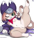  1girl :3 animal_hood areolae blue_eyes breasts cat_girl cat_hood cat_tail claws colored_sclera fangs felyne furry hood krokobyaka leg_up looking_at_viewer lying monster_hunter_(series) monster_hunter_stories_2 navel nipples on_side one_eye_closed paws pink_hair pussy red_scarf scarf short_stack simple_background smile stomach tail thick_thighs thighs tongue tongue_out tsukino_(monster_hunter) whiskers yellow_sclera 