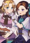  2girls blonde_hair blouse bow bowtie brown_hair cake cupcake dress eyebrows_behind_hair eyebrows_visible_through_hair flower food gloves green_eyes hair_flower hair_ornament hairclip jewelry katarina_claes long_hair maria_campbell multiple_girls open_mouth otome_game_no_hametsu_flag_shika_nai_akuyaku_reijou_ni_tensei_shite_shimatta purple_eyes ribbon shirt short_hair sleeveless sleeveless_shirt smile upper_body white_gloves wokaoriwo yuri 