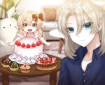 1boy 1girl 3d_background :d ahoge albedo_(genshin_impact) alternate_costume bangs blurry brother_and_sister brown_hair cake casual collarbone commentary_request contemporary couch cupcake depth_of_field food fruit gagseol_(user_pnzn5823) genshin_impact hair_between_eyes klee_(genshin_impact) light_brown_hair long_hair looking_at_viewer looking_down low_twintails male_focus open_mouth orange_eyes pillow pointy_ears siblings sidelocks silver_hair smile spaghetti_strap strawberry table twintails 