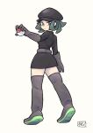  1girl belt black_dress black_headwear boots chichibu_(chichichibu) closed_mouth commentary_request dress elbow_gloves full_body gloves green_eyes green_hair grey_belt grey_footwear grey_gloves hand_up hat highres holding holding_poke_ball looking_back npc_trainer poke_ball poke_ball_(basic) pokemon pokemon_(game) pokemon_usum short_dress short_hair simple_background solo standing team_rainbow_rocket team_rainbow_rocket_grunt team_rainbow_rocket_uniform thigh_boots thighhighs white_background 