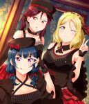  3girls :3 absurdres bangs black_headwear black_shirt blonde_hair blue_hair blunt_bangs bow breasts cleavage corset frills guilty_kiss_(love_live!) hair_between_eyes hair_bow hat highres looking_at_viewer love_live! love_live!_sunshine!! low_twintails medium_breasts medium_hair multiple_girls ohara_mari one_eye_closed open_mouth orange_eyes pink_eyes plaid red_hair red_skirt sakurauchi_riko shirt side_ponytail skirt tongue tongue_out tsumikiy tsushima_yoshiko twintails v yellow_eyes 