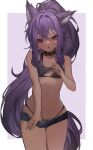  1girl :o animal_ear_fluff animal_ears bare_arms bare_shoulders bikini black_bikini breasts brown_collar collar commission cowboy_shot hair_between_eyes heoningu highres lifted_by_self long_hair looking_at_viewer micro_shorts navel original ponytail pulled_by_self purple_eyes purple_hair shorts small_breasts solo stomach swimsuit thigh_gap two-tone_background very_long_hair 