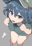  1girl backpack bag bangs bare_legs blue_eyes blue_hair blue_shirt breasts flat_cap from_above green_headwear grey_background hair_bobbles hair_ornament hat highres kawashiro_nitori looking_at_viewer marsen medium_breasts open_mouth shirt short_hair short_sleeves simple_background solo touhou two_side_up wrench 