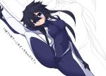  1girl bangs black_hair blue_bodysuit blue_eyes bodysuit breasts closed_mouth commentary covered_navel dutch_angle frown hand_on_own_thigh highres ibis1 large_breasts leg_hold looking_at_viewer nagika_umino_(ibis1) original short_hair_with_long_locks solo split standing standing_on_one_leg standing_split translated 