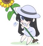  1girl bangs black_eyes black_hair closed_mouth dress flower full_body hair_over_one_eye hasshaku-sama holding holding_flower long_hair looking_at_viewer op_na_yarou original simple_background solo speech_bubble standing sunflower translation_request white_background white_dress white_footwear white_headwear 