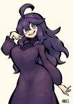  1girl :d @_@ ahoge bangs blush breasts chichibu_(chichichibu) commentary_request dress hair_between_eyes hairband hand_up hex_maniac_(pokemon) long_dress long_hair long_sleeves messy_hair npc_trainer open_mouth pokemon pokemon_(game) pokemon_xy purple_eyes purple_hair purple_hairband smile solo tongue 