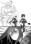  1girl 2boys akizora anger_vein blush chaldea_combat_uniform crossed_arms demon devilman emphasis_lines facepalm fairy_knight_tristan_(fate) fate/grand_order fate_(series) fujimaru_ritsuka_(male) greyscale highres horns kadoc_zemlupus long_hair meme monochrome monster multiple_boys pointy_ears shrugging sigh 