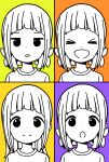  &gt;_&lt; 1girl :d :o alternate_hairstyle bangs blunt_bangs closed_eyes closed_mouth commentary_request dot_nose expressions facing_viewer happy highres jitome katsuwo_(cr66g) kise_sacchan long_hair looking_at_viewer mitsuboshi_colors multicolored multicolored_background multiple_views open_mouth orange_background parted_lips partially_colored portrait purple_background shirt short_hair smile split_mouth yellow_background 