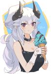  1girl :t ahoge asicah black_collar black_tank_top blush collar dated fingerless_gloves food gloves holding holding_food horns ice_cream ice_cream_cone long_hair looking_at_viewer original purple_eyes smile solo tank_top upper_body very_long_hair white_gloves white_hair 