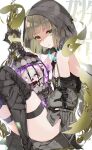  1boy bangs black_gloves blunt_bangs bob_cut boots brown_hair cage choker closed_mouth corruption dress food gloves green_eyes green_hair gretel_(sinoalice) hansel_(sinoalice) highres hood hood_up legband male_focus mcmcmococo multicolored_hair otoko_no_ko pie sad simple_background sinoalice smoke thigh_boots thighhighs two-tone_hair white_background 