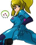  51 51_(gigamiso) artist_request ass blonde_hair blue_eyes clitoris highres latex legs looking_back metroid nintendo ponytail pussy samus_aran see-through skin_tight spread_pussy spread_pussy_under_clothes thighs zero_suit 