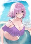  1girl absurdres arched_back ayul_(ayulneri_92) bare_shoulders bikini breasts cleavage collarbone eyebrows_visible_through_hair eyes_visible_through_hair fate/grand_order fate_(series) hair_over_one_eye highres horizon innertube large_breasts leaning_forward light_purple_hair looking_at_viewer mash_kyrielight navel ocean off-shoulder_bikini off_shoulder one_eye_closed polka_dot_innertube purple_bikini purple_eyes short_hair smile solo standing swimsuit thighs water 