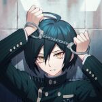  1boy ahoge artist_name bangs black_hair breast_pocket brown_eyes buttons cuffs danganronpa_(series) danganronpa_v3:_killing_harmony double-breasted ewa_(seraphhuiyu) green_jacket hair_between_eyes handcuffs hands_up jacket looking_at_viewer male_focus parted_lips pocket portrait saihara_shuuichi shiny shiny_hair short_hair solo striped striped_jacket teeth 