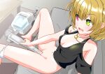  1girl absurdres bare_shoulders barefoot blonde_hair blush bottomless charlotte_(shironeko_project) coffee_table couch detached_sleeves electric_plug electric_socket female_ejaculation happy heterochromia highres jewelry light_blush masturbation necklace neko_totora open_mouth panties panties_around_one_leg shironeko_project short_hair sitting smile solo spread_legs underwear vacuum_cleaner 