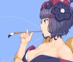  1girl black_eyes blue_background breasts calligraphy_brush closed_mouth dyun fate/grand_order fate_(series) from_side hair_bun hair_ornament hair_stick hand_up holding holding_brush japanese_clothes katsushika_hokusai_(fate) kimono large_breasts long_sleeves off_shoulder paintbrush profile purple_hair purple_kimono sash short_hair simple_background solo upper_body wide_sleeves 