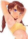  1girl armpits arms_behind_head arms_up bangs bikini blush breasts brown_hair highres looking_at_viewer midriff open_mouth original purple_eyes sak1023 small_breasts stretch sweat swimsuit tan twintails white_background yellow_bikini 