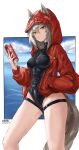  1girl absurdres animal_ears arknights artist_name black_swimsuit can chinese_commentary commentary_request cowboy_shot dated grey_hair hair_between_eyes hand_in_pocket hand_up highleg highleg_swimsuit highres holding holding_can hood hood_up jacket looking_at_viewer medium_hair ocean official_alternate_costume one-piece_swimsuit open_mouth projekt_red_(arknights) projekt_red_(light_breeze)_(arknights) red_jacket sawkm simple_background soda_can solo swimsuit tail thigh_strap wet wet_clothes wet_swimsuit white_background wolf_ears wolf_girl wolf_tail yellow_eyes 