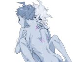  2boys ahoge anal ass closed_eyes completely_nude danganronpa_(series) danganronpa_2:_goodbye_despair english_commentary hinata_hajime horns implied_sex komaeda_nagito male_focus mechanical_arms messy_hair monochrome multiple_boys nude open_mouth pink_blood sex shiny shiny_hair short_hair simple_background single_mechanical_arm sweat white_background yandr4hope yaoi 