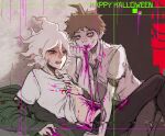  2boys bangs blood blood_on_face blush brown_eyes brown_hair censored danganronpa_(series) danganronpa_2:_goodbye_despair eating english_commentary green_eyes guro happy_halloween hinata_hajime komaeda_nagito lying male_focus mosaic_censoring multiple_boys necktie on_back open_mouth pink_blood print_shirt shirt short_hair sketch upper_teeth white_hair white_shirt yandr4hope zombie 