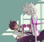  2boys ahoge blood blood_on_face bloody_clothes brown_eyes brown_hair chain collared_shirt commentary danganronpa_(series) danganronpa_2:_goodbye_despair from_side gag green_background grey_hair hands_up hinata_hajime impaled improvised_gag komaeda_nagito looking_at_another lying male_focus messy_hair multiple_boys necktie on_back pale_skin pants pink_blood print_shirt shirt short_hair short_sleeves sitting sitting_on_person tape tape_gag two-tone_background white_background white_hair yandr4hope 