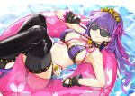  1girl bare_shoulders bb_(fate)_(all) bb_(swimsuit_mooncancer)_(fate) bee_doushi belt belt_buckle bikini blush breasts buckle choker cleavage eyebrows_visible_through_hair fate/grand_order fate_(series) fingerless_gloves floating gloves hair_between_eyes hairband heart heart-shaped_pupils highres large_breasts long_hair looking_at_viewer midriff one_eye_closed purple_hair sleeveless solo sunglasses swimsuit symbol-shaped_pupils thighhighs tongue tongue_out water 
