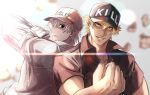  2boys back-to-back baseball_cap blonde_hair clenched_hand colored_skin hair_over_one_eye hat hataraku_saibou highres holding holding_knife killer_t_(hataraku_saibou) knife looking_at_viewer male_focus military military_uniform multiple_boys pectorals seacobalt short_hair short_sleeves silver_hair smirk sunlight toned toned_male u-1146 uniform upper_body white_blood_cell_(hataraku_saibou) white_skin yellow_eyes 