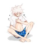  1boy bangs barefoot blue_male_underwear blush clothes_lift commentary cum cum_on_boy danganronpa_(series) danganronpa_2:_goodbye_despair full_body grey_hair komaeda_nagito lower_teeth male_focus male_masturbation masturbation messy_hair nipples open_mouth print_shirt shirt shirt_lift short_sleeves simple_background sitting solo t-shirt white_background white_hair white_shirt yandr4hope 