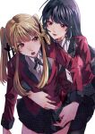  2girls behind_another black_hair blonde_hair commentary_request eyebrows_visible_through_hair highres hyakkaou_academy_uniform jabami_yumeko kakegurui long_hair multiple_girls open_mouth parted_lips saotome_meari simple_background su5_may teeth twintails white_background yuri 