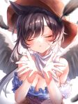  1girl animal_ears backlighting bandana bangs bare_shoulders black_hair black_wings bloom blue_shirt blurry blurry_background blush breasts brown_headwear cleavage closed_eyes commentary_request cowboy_hat depth_of_field eyebrows_visible_through_hair falling_feathers feathered_wings hair_intakes hands_up hat highres horse_ears kurokoma_saki large_breasts long_hair off-shoulder_shirt off_shoulder parted_lips pegasus_wings ponytail raised_eyebrows shirt simple_background solo touhou uma_pyoi_densetsu waramori_fuzuka white_background wings 